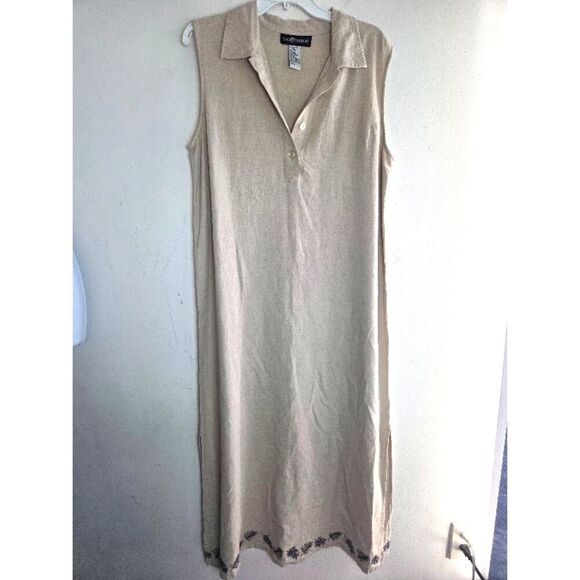 Sag Harbor Beige w/Blue Embroiderd Detail Collard Henley Linen Maxi Dress sz 16 - Picture 1 of 8